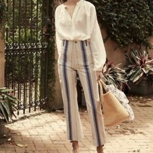 Doen Cream Wide-Leg Pants with Blue Stripes